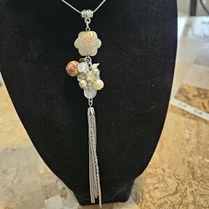 Flower Beaded Charm Tassel Necklace 30 in Long Pearl Enamel Cloisonne